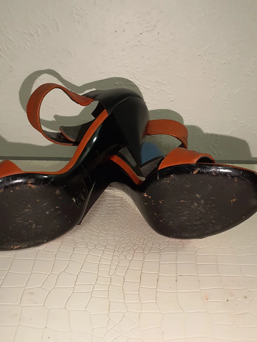 Balenciaga Orange and Black Block Heel Sandals with Blue Accent